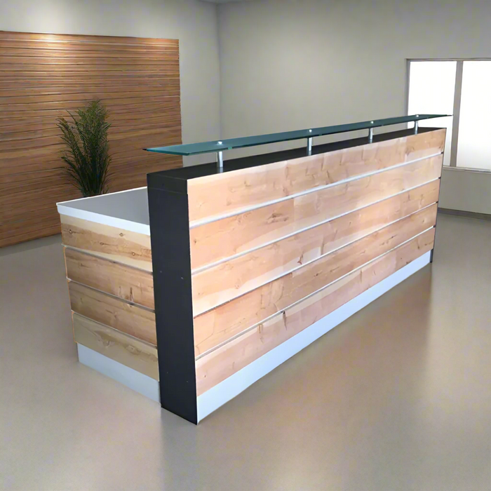 White Modern Reception Desk – 4–8 ft Distressed Wood with Glass Riser and Cedar Slats