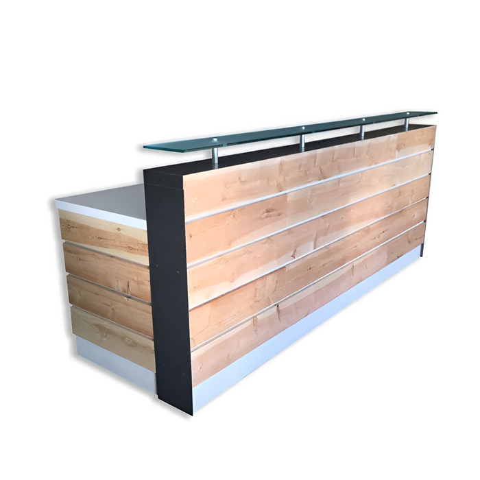 White Modern Reception Desk – 4–8 ft Distressed Wood with Glass Riser and Cedar Slats