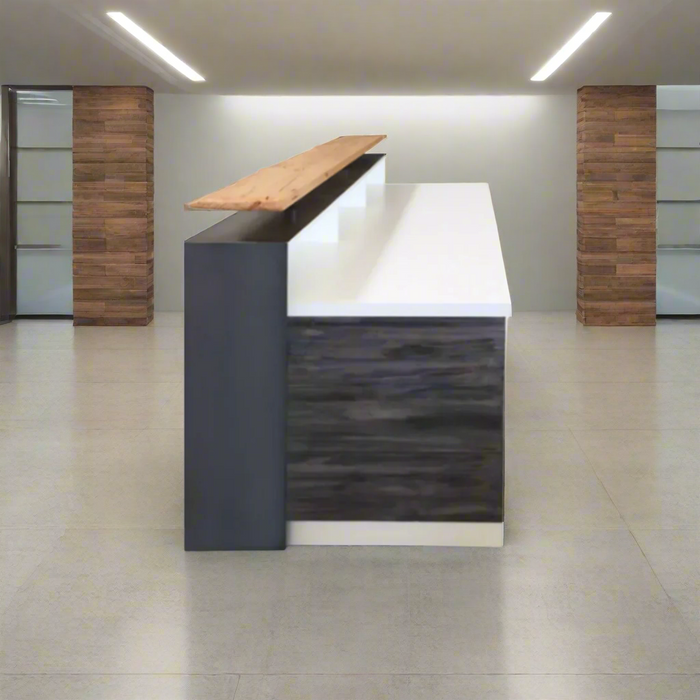 White Modern Reception Desk Distressed Wood & Steel Commercial Counter