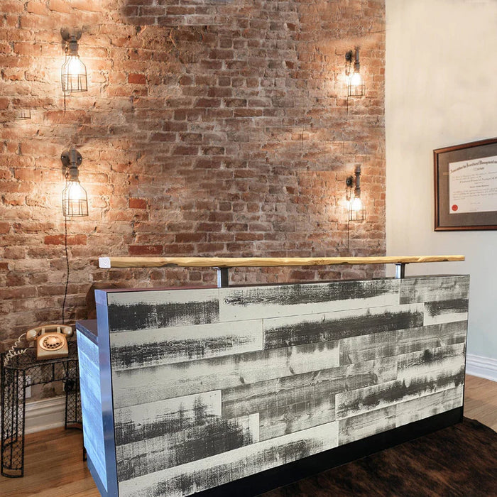 White-Washed Modern Reception Desk – 4–7 ft Reclaimed Wood & Steel Flat-Pack Counter