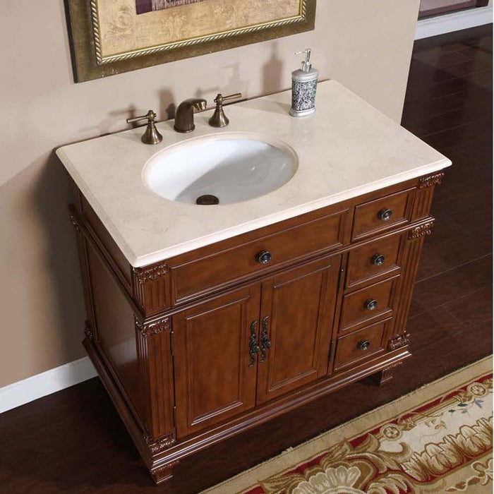 Silkroad Exclusive 36''Crema Marfil Marble Top Single Sink Bathroom Vanity - HYP-0210-CM-UWC-36-L