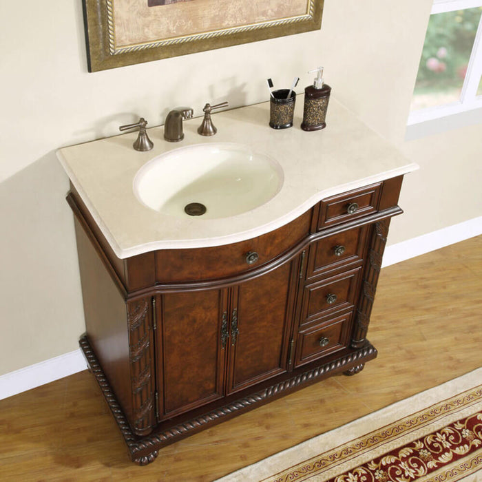 Silkroad Exclusive 36'' Crema Marfil Marble Top Single Sink Bathroom Vanity - HYP-0213-CM-UIC-36-L