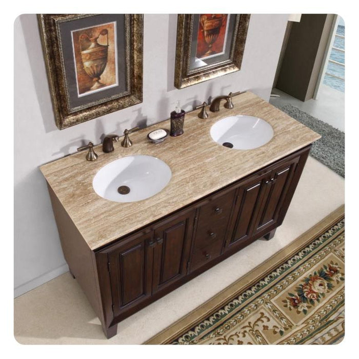 Silkroad Exclusive 55'' Travertine Top Double Sink Bathroom Vanity - HYP-0208-T-UWC-55