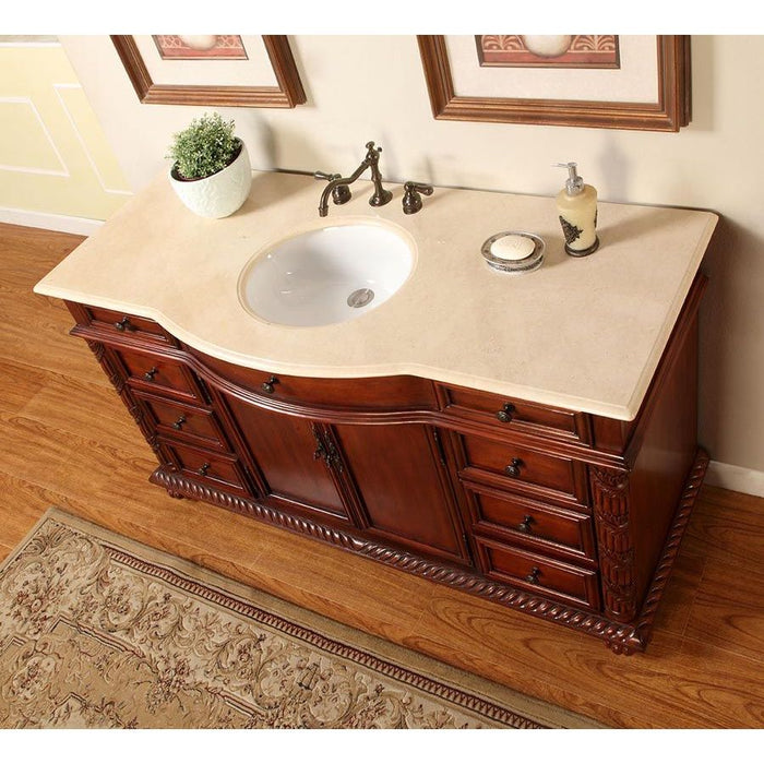 Silkroad Exclusive 60'' Crema Marfil Marble Top Single Sink Bathroom Vanity - FS-0268-CM-UWC-60