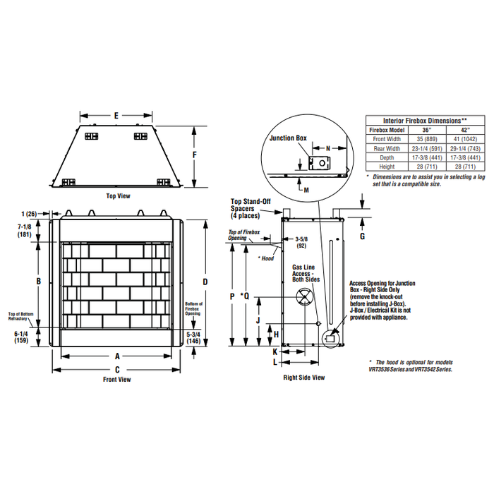 Superior 36" Traditional Vent-Free Gas Fireplace With White Stacked Refractory Panels VRT3536WS