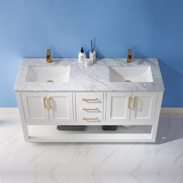 Altair Remi 60" Double Bathroom Vanity Set in White and Carrara White Marble Countertop with Mirror  532060-WH-CA
