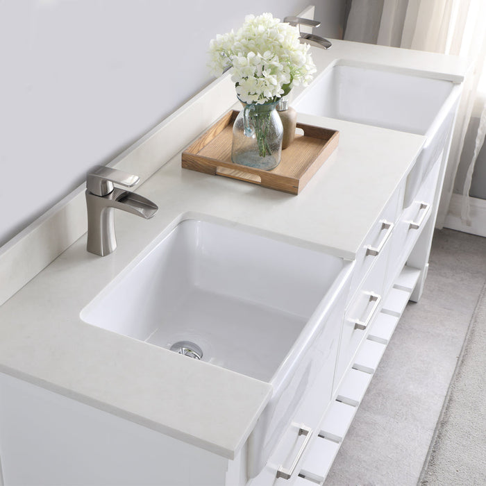 Altair Georgia 72" Double Bathroom Vanity Set in White and Composite Carrara White Stone Top with White Farmhouse Basin with Mirror 537072-WH-AW