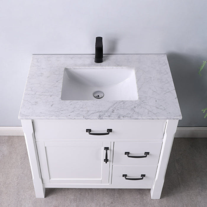 Altair Maribella 36" Single Bathroom Vanity Set in White and Carrara White Marble Countertop with Mirror 535036-WH-CA
