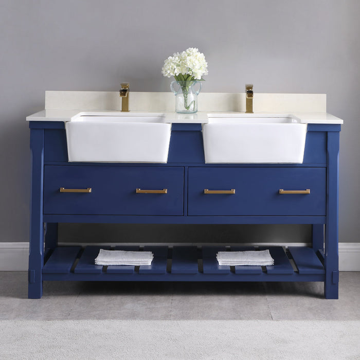 Altair Georgia 60" Double Bathroom Vanity Set in Jewelry Blue and Composite Carrara White Stone Top with White Farmhouse Basin with Mirror 537060-JB-AW