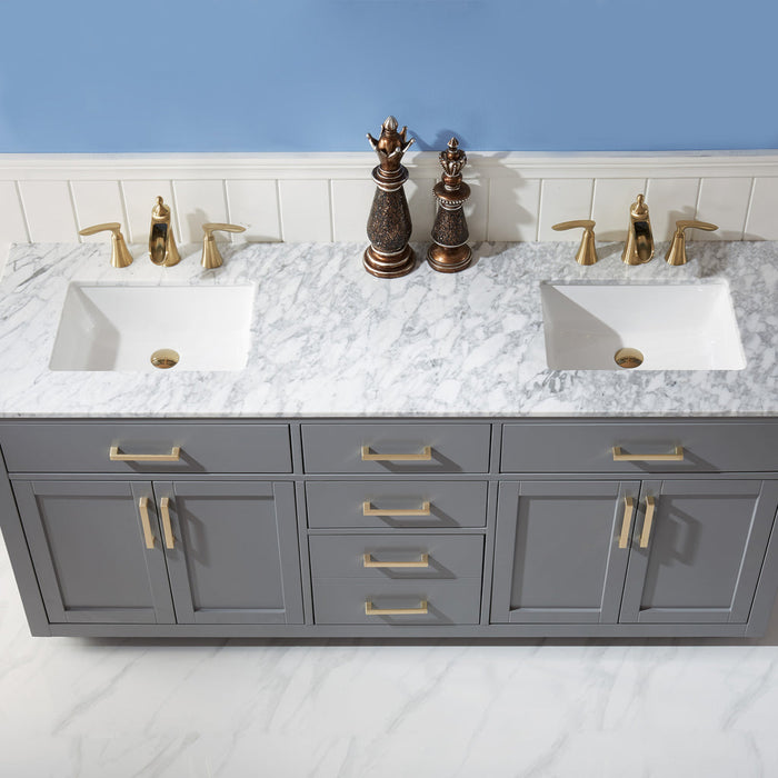 Altair Ivy 72" Double Bathroom Vanity Set in Gray and Carrara White Marble Countertop with Mirror 531072-GR-CA
