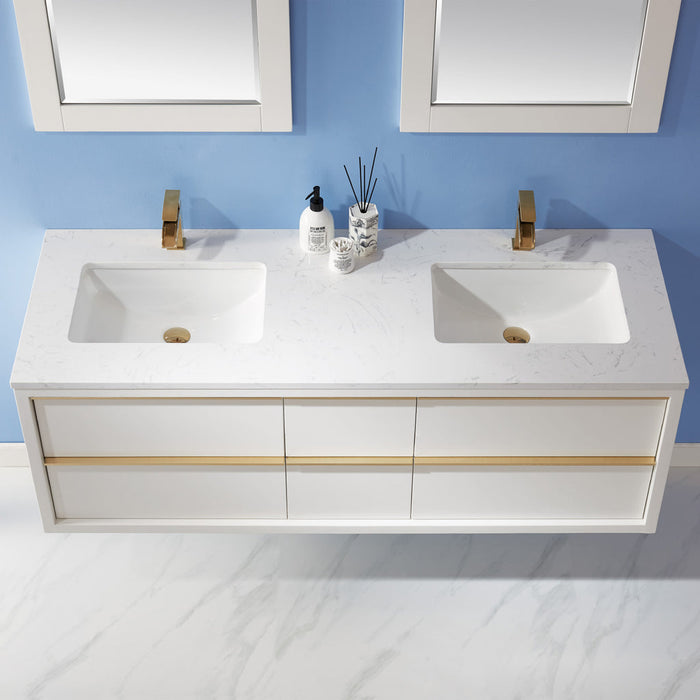 Altair Morgan 60" Double Bathroom Vanity Set in White and Composite Carrara White Stone Countertop with Mirror  534060-WH-AW