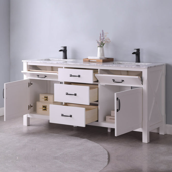 Altair Maribella 72" Double Bathroom Vanity Set in White and Carrara White Marble Countertop with Mirror  535072-WH-CA