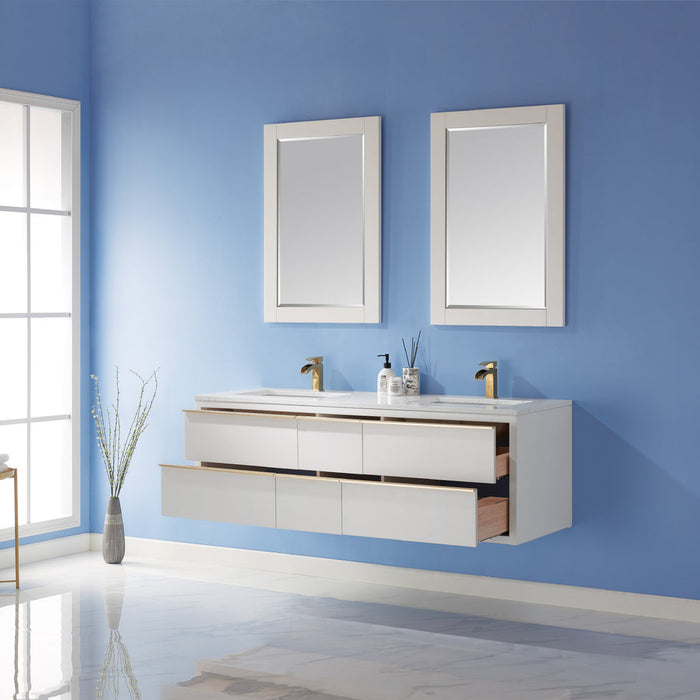 Altair Morgan 60" Double Bathroom Vanity Set in White and Composite Carrara White Stone Countertop with Mirror  534060-WH-AW