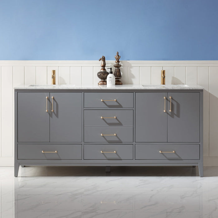 Altair Sutton 72" Double Bathroom Vanity Set in Gray and Carrara White Marble Countertop with Mirror  541072-GR-CA