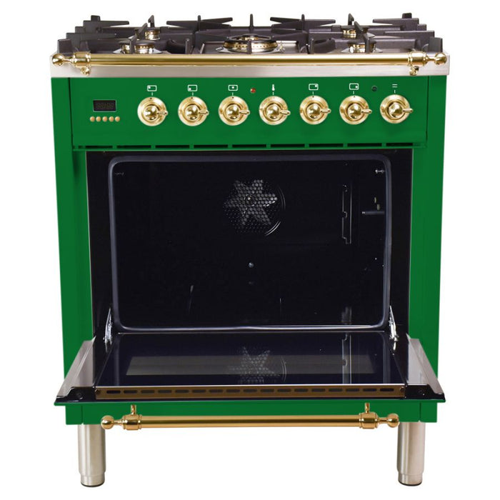 Hallman 30'' Single Oven Duel Fuel Italian Range, Brass Trim in Emerald Green HDFR30BSGN