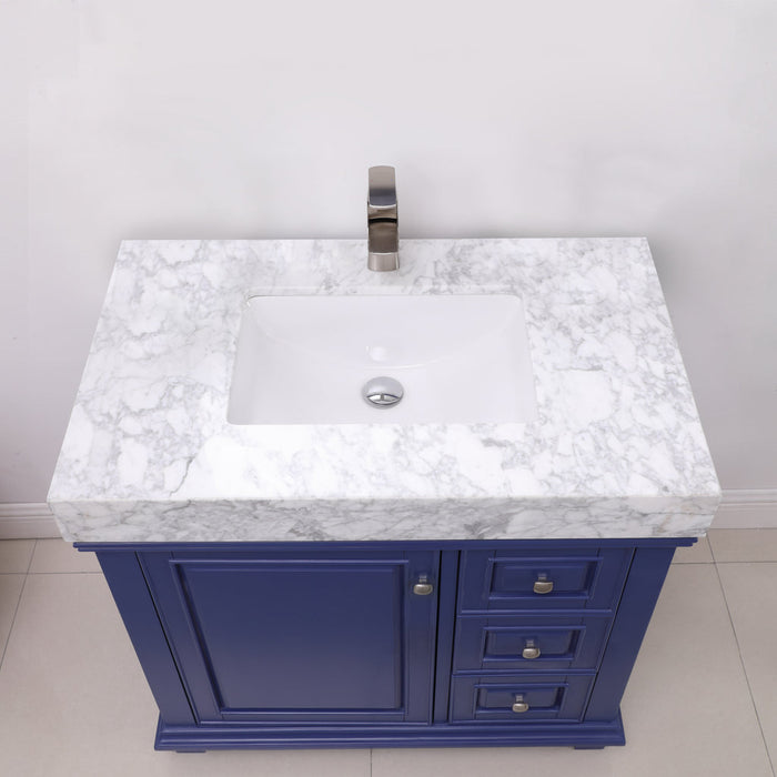 Altair Jardin 36" Single Bathroom Vanity Set in Jewelry Blue and Carrara White Marble Countertop with Mirror  539036-JB-CA
