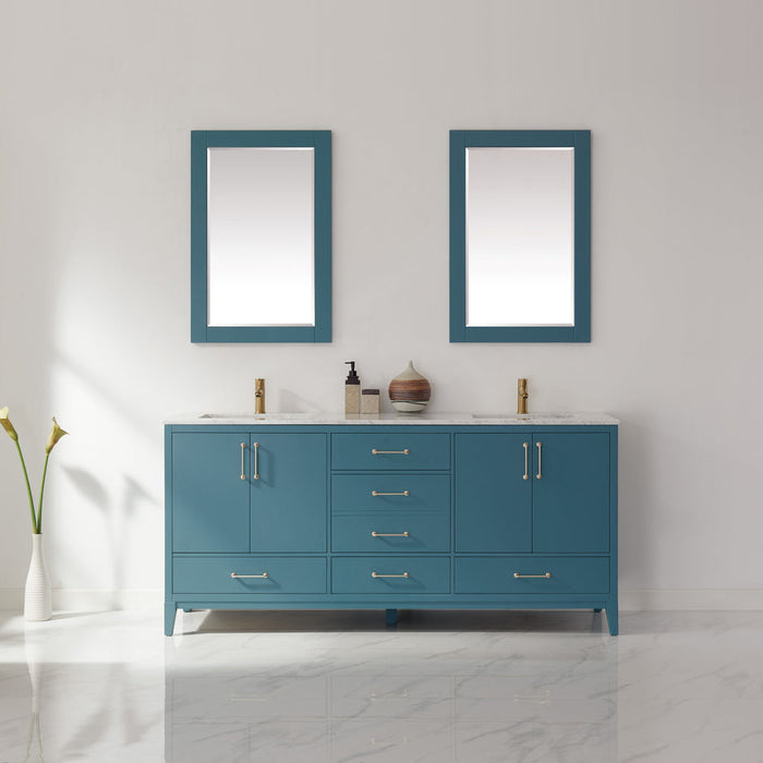 Altair Sutton 72" Double Bathroom Vanity Set in Royal Green and Carrara White Marble Countertop with Mirror 541072-RG-CA