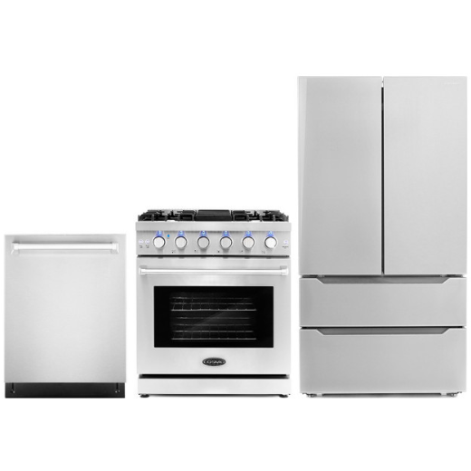Cosmo 3-Piece, 30" Gas Range, 24" Dishwasher and French Door Refrigerator COS-3PKG-011