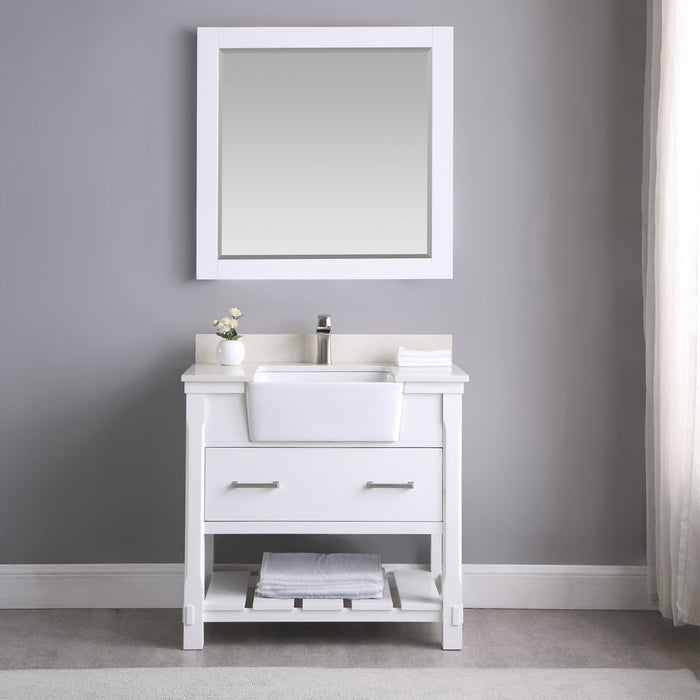 Altair Georgia 36" Single Bathroom Vanity Set in White and Composite Carrara White Stone Top with White Farmhouse Basin with Mirror  537036-WH-AW