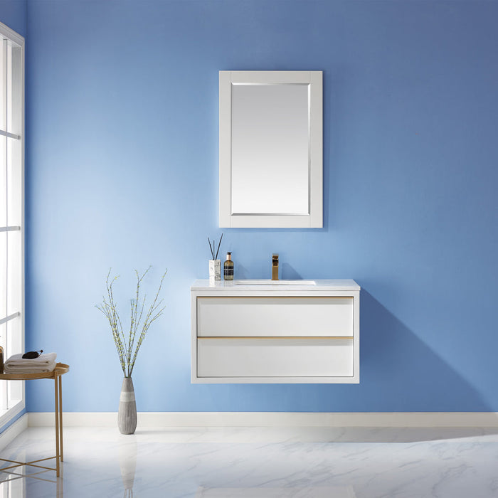 Altair Morgan 36" Single Bathroom Vanity Set in White and Composite Carrara White Stone Countertop with Mirror 534036-WH-AW