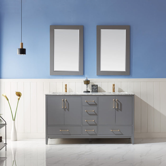 Altair Sutton 60" Double Bathroom Vanity Set in Gray and Carrara White Marble Countertop with Mirror  541060-GR-CA