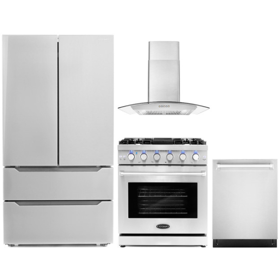 Cosmo 4-Piece, 30" Gas Range, 30" Range Hood, 24" Dishwasher and Refrigerator COS-4PKG-095