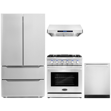Cosmo 4 Piece Kitchen Appliance Package with French Door Refrigerator , 30'' Gas Freestanding Range , Built-In Dishwasher , and Under Cabinet Range Hood COS-4PKG-089