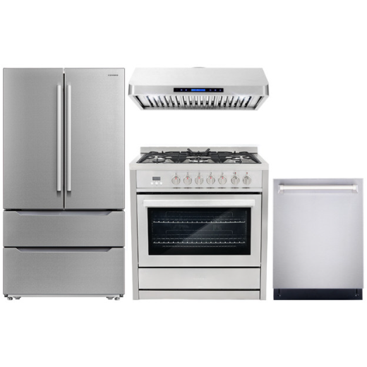 Cosmo 4 Piece Kitchen Appliance Packages with 36 Freestanding Gas Range  36 Wall Mount Range Hood 24 Built-in Integrated Dishwasher & French Door