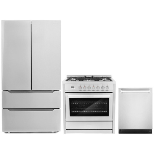 Cosmo 3-Piece, 36" Dual Fuel Range, 24" Dishwasher and French Door Refrigerator COS-3PKG-008