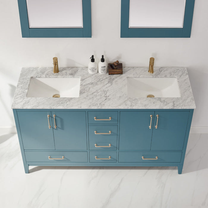 Altair Sutton 60" Double Bathroom Vanity Set in Royal Green and Carrara White Marble Countertop with Mirror  541060-RG-CA