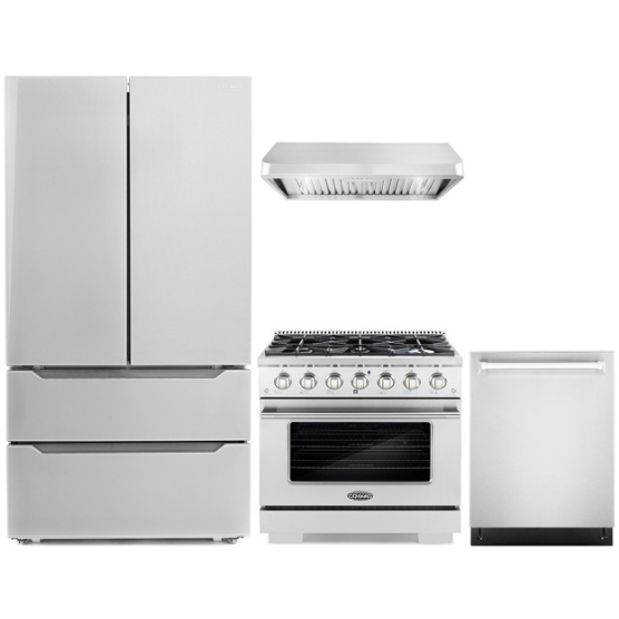 Cosmo 4-Piece, 36" Gas Range 36" Range Hood 24" Dishwasher and Refrigerator COS-4PKG-053