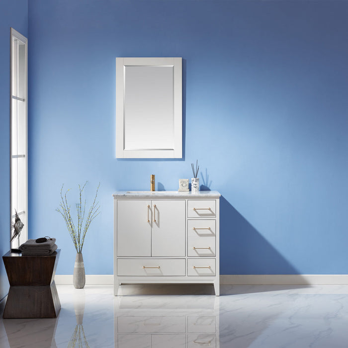 Altair Sutton 36" Single Bathroom Vanity Set in White and Carrara White Marble Countertop with Mirror  541036-WH-CA