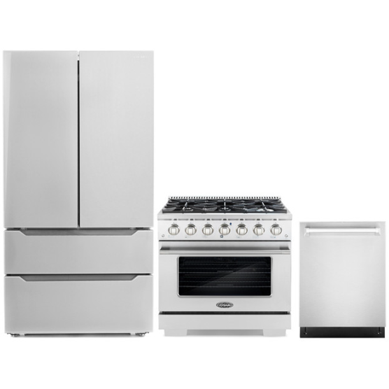 Cosmo 3-Piece, 36" Gas Range, 24" Dishwasher and French Door Refrigerator COS-3PKG-005