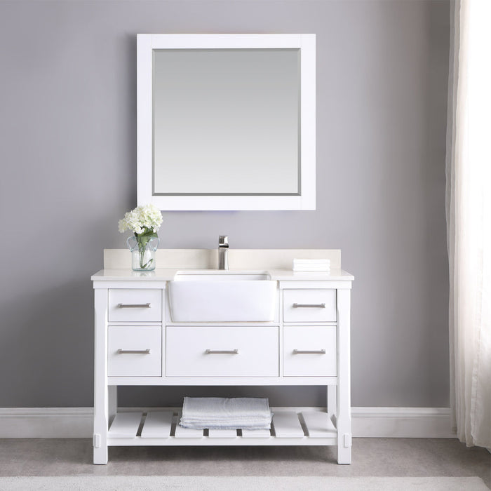 Altair Georgia 48" Single Bathroom Vanity Set in White and Composite Carrara White Stone Top with White Farmhouse Basin with Mirror 537048-WH-AW