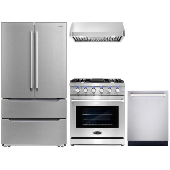 Cosmo 4 Piece, 30" Gas Range 30" Range Hood 24" Dishwasher & Refrigerator COS-4PKG-234