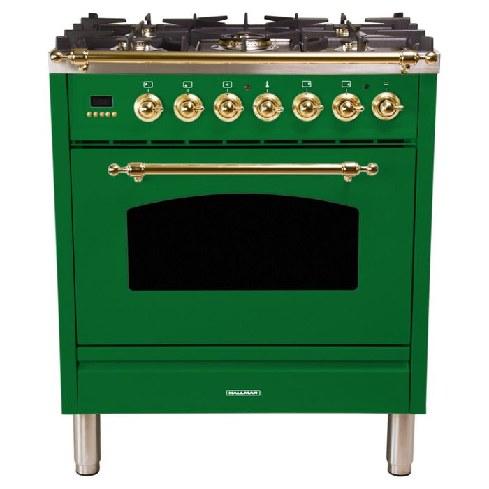 Hallman 30'' Single Oven Duel Fuel Italian Range, Brass Trim in Emerald Green HDFR30BSGN