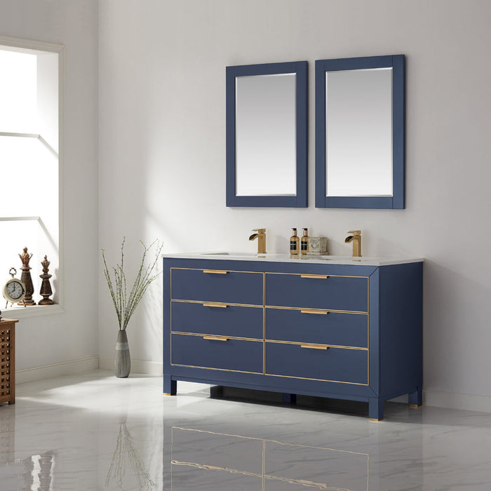 Altair Jackson 60" Double Bathroom Vanity Set in Royal Blue and Composite Carrara White Stone Countertop with Mirror 533060-RB-AW