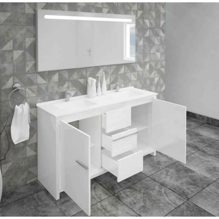 Casa Mare Alessio 60" Glossy White Bathroom Vanity and Ceramic Sink Combo with LED Mirror Alessio152GW-60-MSC-S