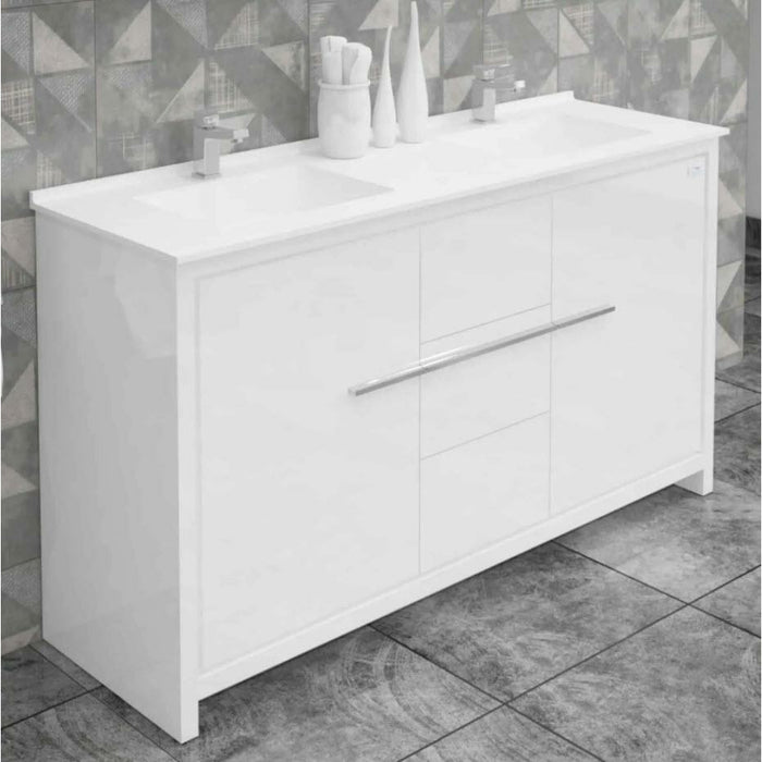 Casa Mare Alessio 60" Glossy White Bathroom Vanity and Ceramic Sink Combo with LED Mirror Alessio152GW-60-MSC-S