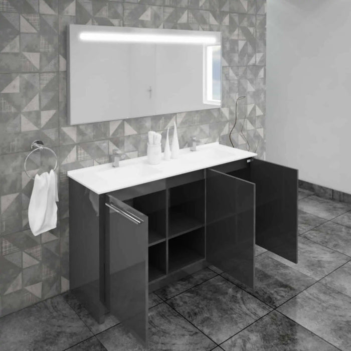 Casa Mare Benna 63" Glossy Gray Bathroom Vanity and Double Sink Combo with LED Mirror Benna160GG-63-S