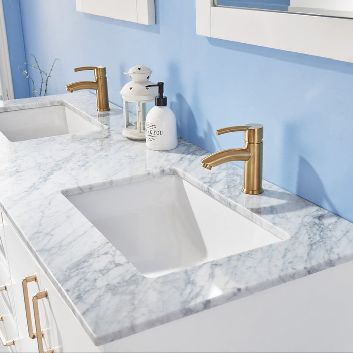 Altair Sutton 60" Double Bathroom Vanity Set in White and Carrara White Marble Countertop with Mirror  541060-WH-CA
