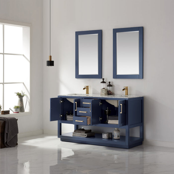 Altair Remi 60" Double Bathroom Vanity Set in Royal Blue and Carrara White Marble Countertop with Mirror  532060-RB-CA