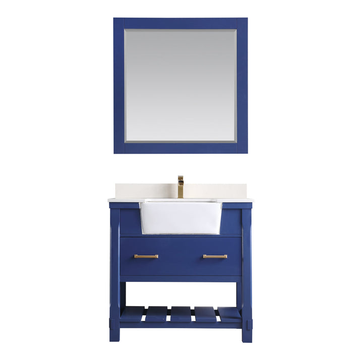 Altair Georgia 36" Single Bathroom Vanity Set in Jewelry Blue and Composite Carrara White Stone Top with White Farmhouse Basin with Mirror  537036-JB-AW