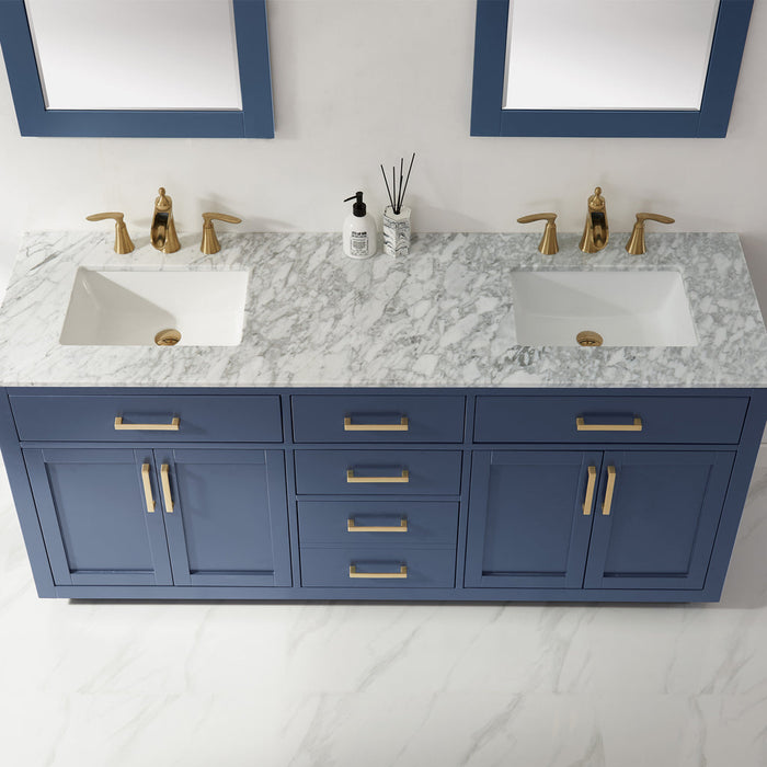 Altair Ivy 72" Double Bathroom Vanity Set in Royal Blue and Carrara White Marble Countertop with Mirror  531072-RB-CA