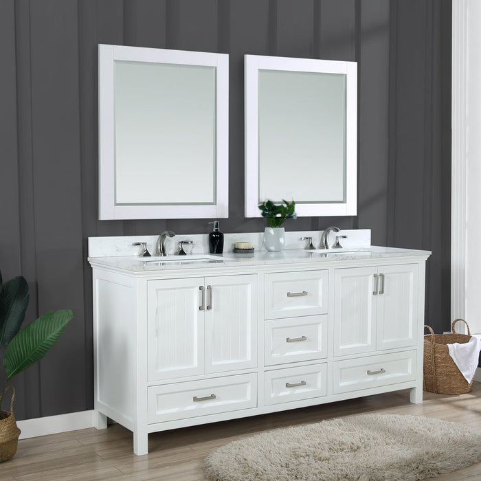 Altair Isla 72" Double Bathroom Vanity Set in White and Carrara White Marble Countertop with Mirror 538072-WH-AW