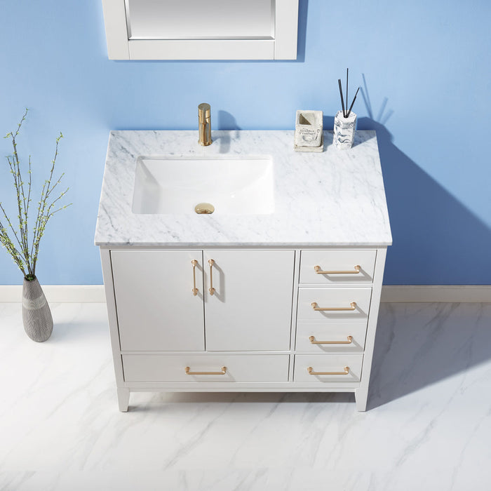 Altair Sutton 36" Single Bathroom Vanity Set in White and Carrara White Marble Countertop with Mirror  541036-WH-CA