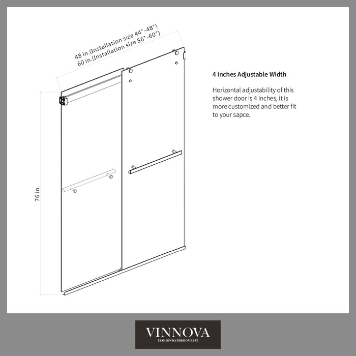 Vinnova  Spezia 60" W x 76" H Rectangle Double Sliding Frameless Shower Enclosure in Matt Black 301060+36P-MB