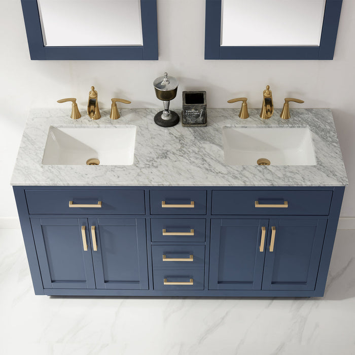 Altair Ivy 60" Double Bathroom Vanity Set in Royal Blue and Carrara White Marble Countertop with Mirror 531060-RB-CA