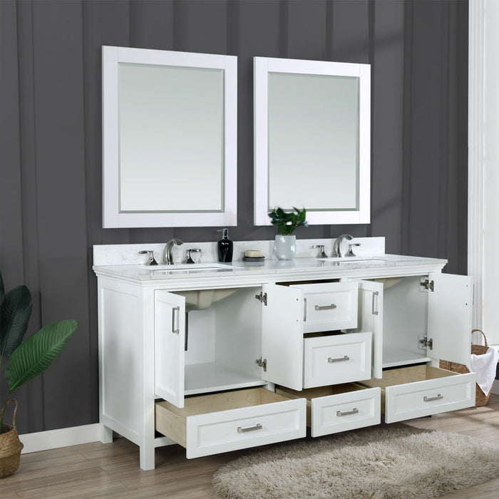 Altair Isla 72" Double Bathroom Vanity Set in White and Carrara White Marble Countertop with Mirror 538072-WH-AW