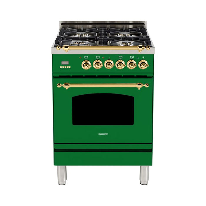 Hallman 24'' Single Oven Duel Fuel Italian Range, Brass Trim in Emerald Green HDFR24BSGN